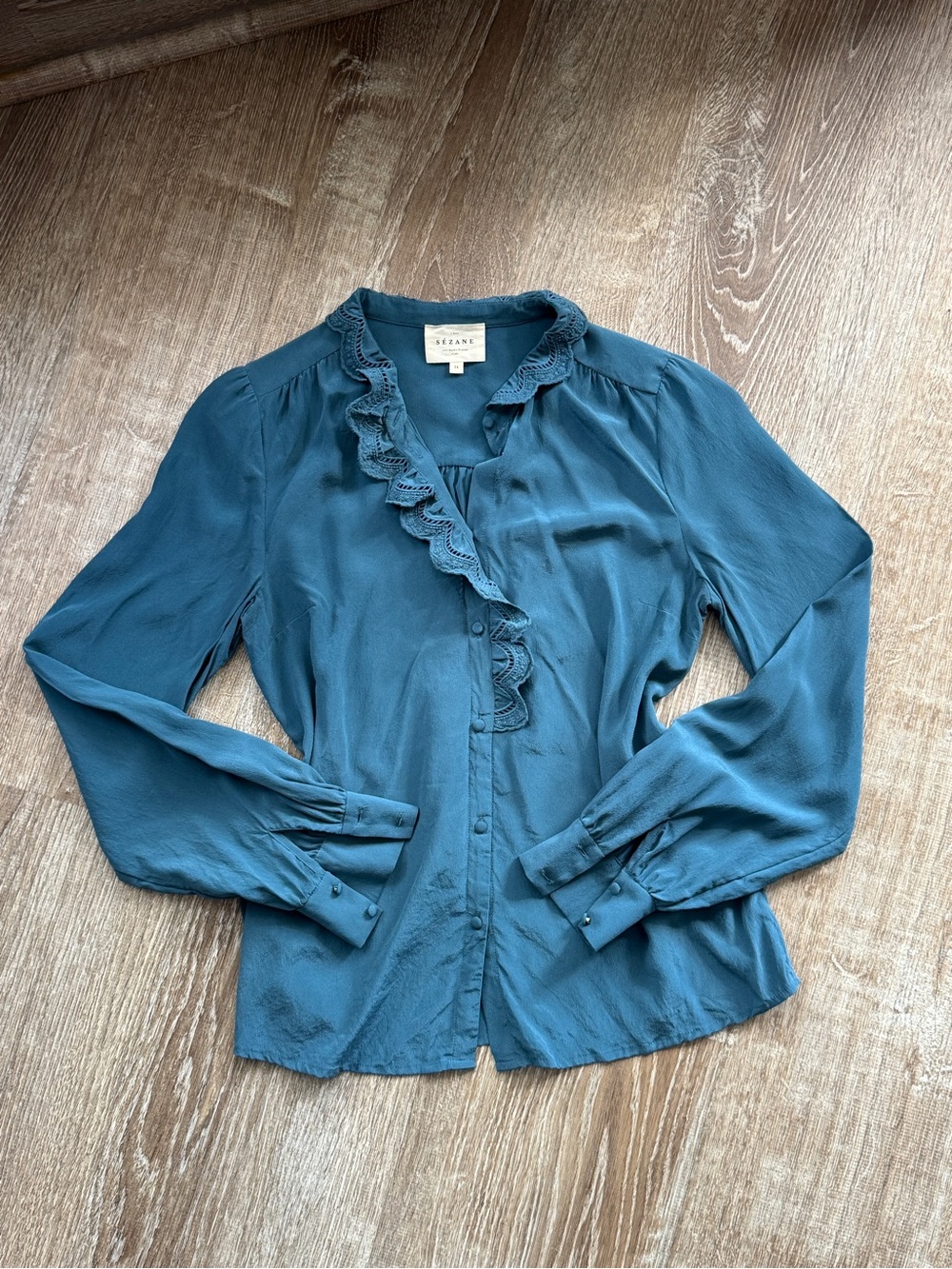 Sezane Silk Chlo shirt Teal Ruffle-Trim Long Sleeve Blouse